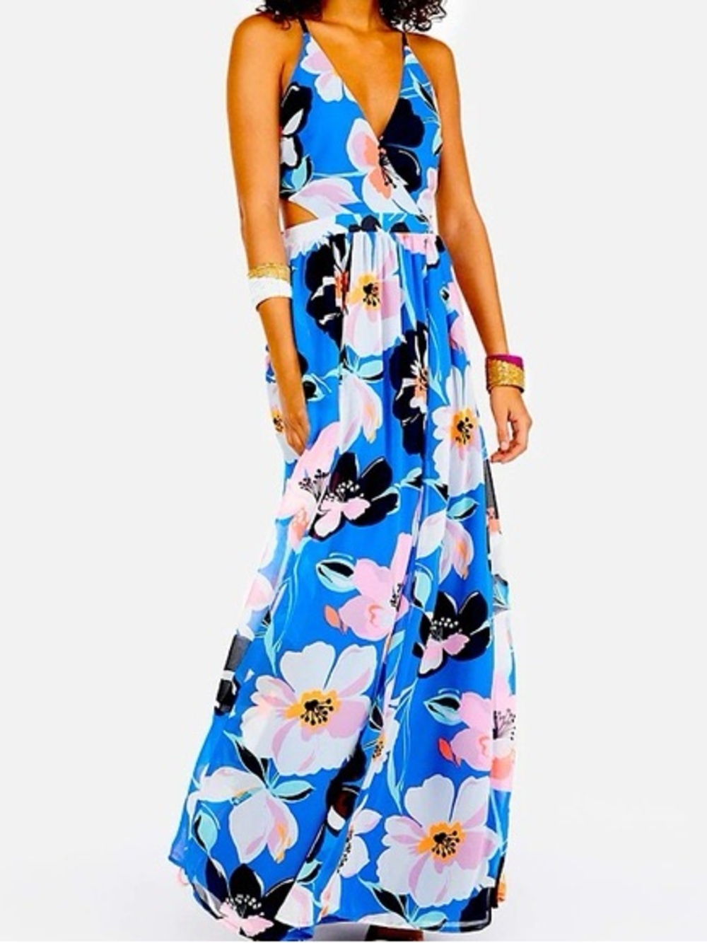 Express Blue Floral Maxi Dress with Pink & Black Accents